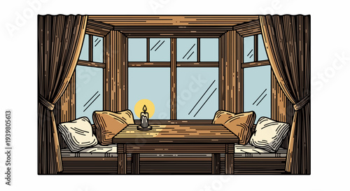 Window bench seating with table candle pillows and curtains illustration