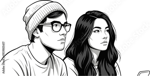 A young man wearing glasses and a beanie sitting next to a young woman with long dark hair, observing their surroundings with a thoughtful expression