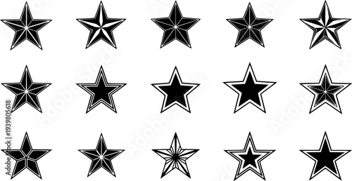 Monochrome collection of graphic star emblems in varied styles featuring seven point and eight point designs