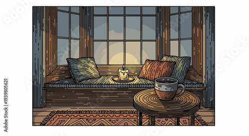 Night window bench with pillows candle and coffee cup on round table illustration