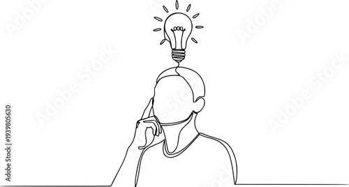 Single continuous line drawing depicting a thinking person with a glowing light bulb 