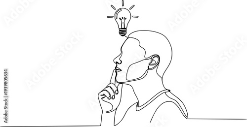Single continuous line drawing depicting a thinking person with a glowing light bulb 