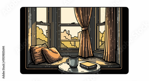 Window seat with cushions cup and closed book illustration