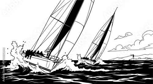 Energetic black and white sketch depicting a thrilling sailboat race on the open sea