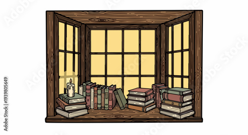Wooden window with stacked books and candle illustration