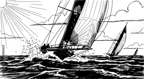 Energetic black and white sketch depicting a thrilling sailboat race on the open sea