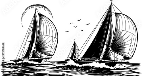 Energetic black and white sketch depicting a thrilling sailboat race on the open sea