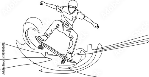Dynamic continuous single line drawing of a young person skateboarding