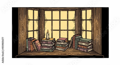 Bay window with stacked books and candle illustration