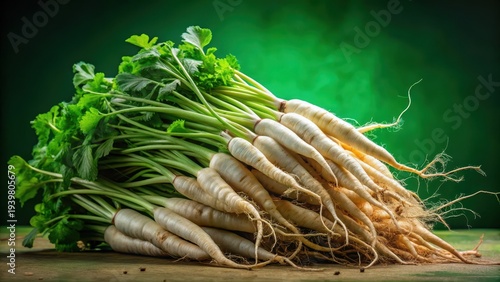 A photo of a large pile of green bitter radish roots, neatly arranged and freshly harvested from the earth The crisp, white flesh contrasts with the