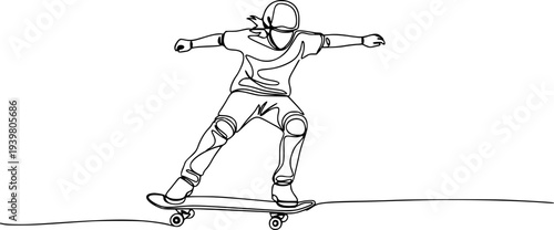 Dynamic continuous single line drawing of a young person skateboarding