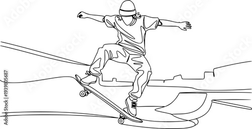Dynamic continuous single line drawing of a young person skateboarding