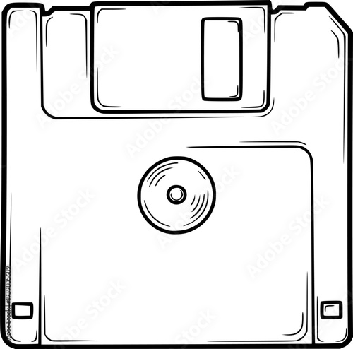 A hand drawn floppy disk icon representing vintage computer data storage and digital saving