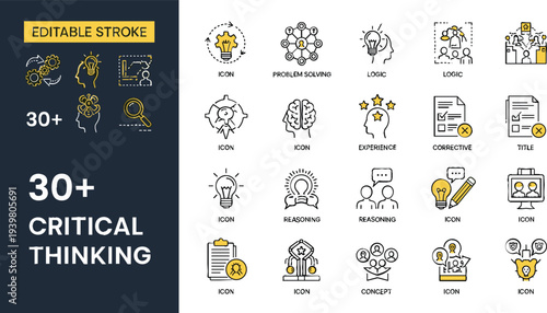 Critical thinking and problem solving line icon set featuring logic reasoning experience evaluation and creative brain brainstorming.