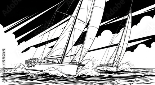 Energetic black and white sketch depicting a thrilling sailboat race on the open sea
