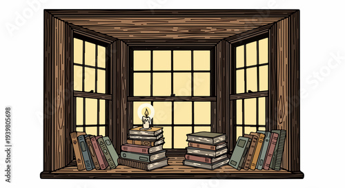 Window alcove with book stacks and candle illustration