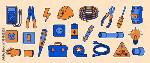 Electrical Tools Array: A comprehensive array of electrical tools and components arranged in a neat, organized composition. each of tools ready for repair or installation tasks.