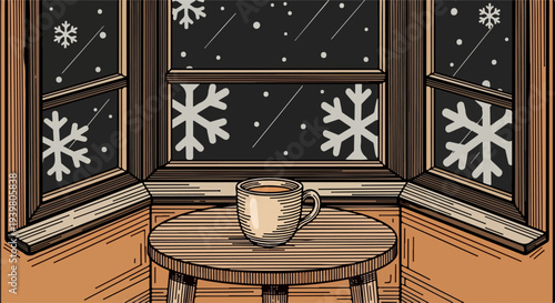 Coffee cup on round table by window with snowflakes illustration