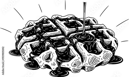 Hand drawn sketch of a Belgian style waffle with syrup