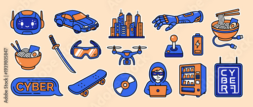 Cyber world icons collection: A whimsical assortment of tech-centric icons, representing the essence of innovation and digital advancements.