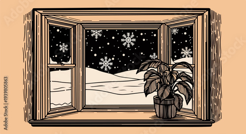 Wooden window frame with potted plant and snowy night landscape illustration