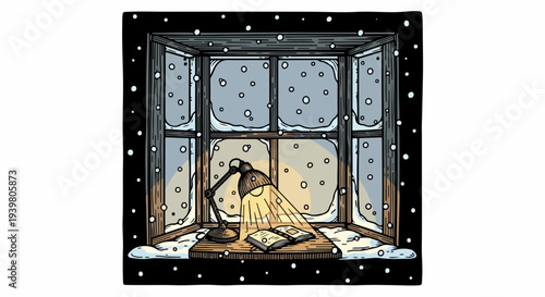 Desk lamp and open books on windowsill with snowfall illustration