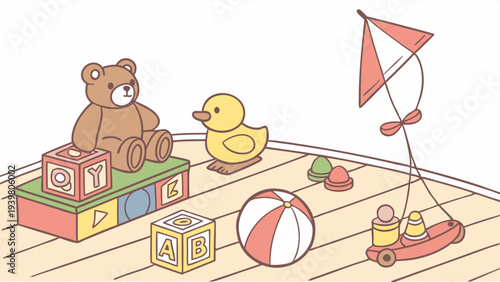 Childhood Toys Collection Teddy Bear Duck Blocks Kite for Nursery Decor Playroom Design or Kids Product Advertising