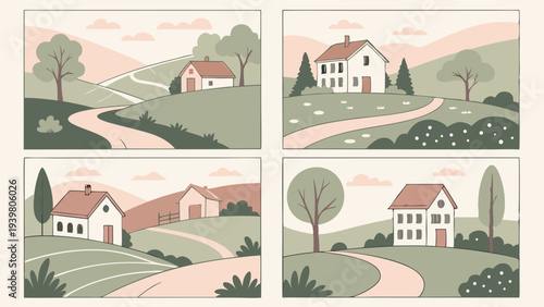 Pastoral Countryside Landscape Set Four Rural Farmhouse Scenes Winding Roads Green Hills Idyllic Village Living for Real Estate Web Design