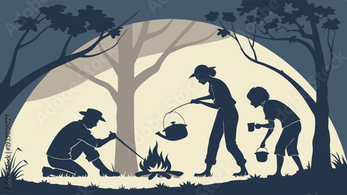 Family Camping Adventure Cooking Dinner Over Campfire Silhouette Outdoor Recreation Summer Vacation Travel Lifestyle