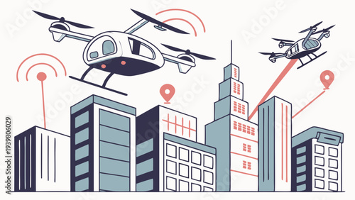 Urban Drone Delivery Service Flying Over City Skyscrapers for Logistics and Future Transportation Web Design
