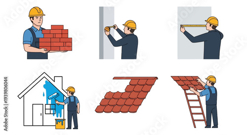 roofer roofing steps house construction icons.