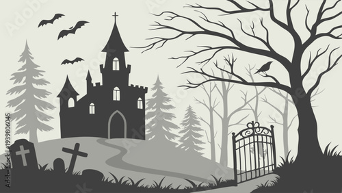 Spooky Halloween Silhouette Castle Graveyard with Bats and Creepy Tree Gate for Holiday Design Projects