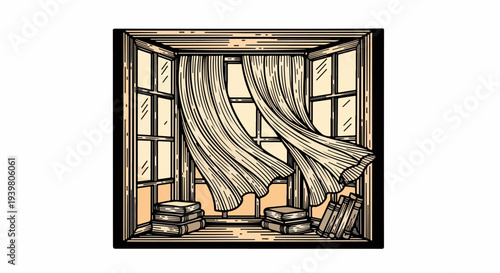 Wood framed window with flowing curtains and book stacks