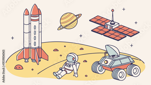 Astronaut Exploring Alien Planet Surface with Rocket Lander Rover and Satellite for Space Exploration Web Design