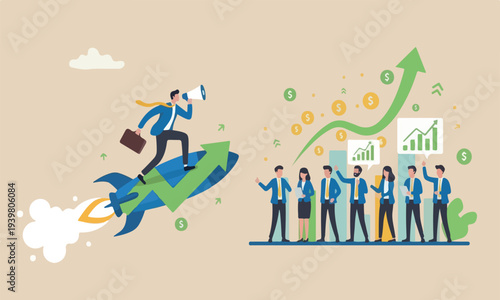  Financial team The style of the illustration is modern, flat design with clean lines and minimal shading. for success concept, businessman riding rocket booster with growth arrow.