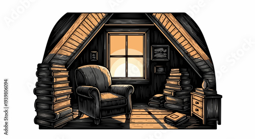 Attic reading nook with armchair book stacks and sunset window illustration