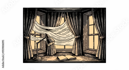 Attic window scene with drapes table lamp and open book illustration
