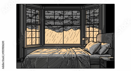 Bedroom bay window with heavy rain and dark clouds