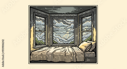 Daybed under bay window with cloudy landscape view