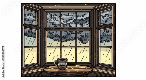Bay window with mug on round table and rain clouds outside