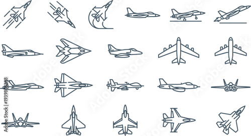 Collection of various military and civilian aircraft line icons presented in a grid layout