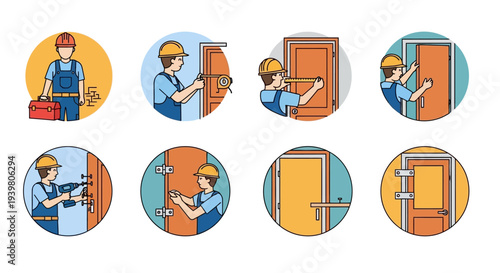 Carpenter installing door construction steps.