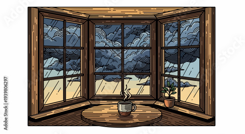 Bay window scene with steaming mug plant and storm sky