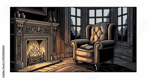 Wingback chair with open book beside fireplace and night bay window
