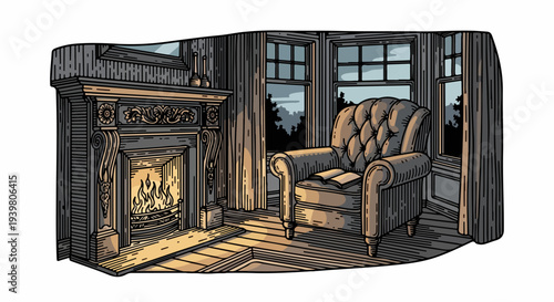 Leather armchair and fireplace with night windows in cutout composition