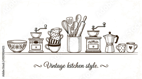 Hand-drawn vector illustration of vintage kitchenware featuring coffee grinders, patterned teacups, a moka pot, and utensils on a shelf.