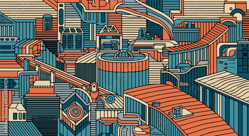 Abstract geometric urban infrastructure with elevated ramps and architectural line art illustration