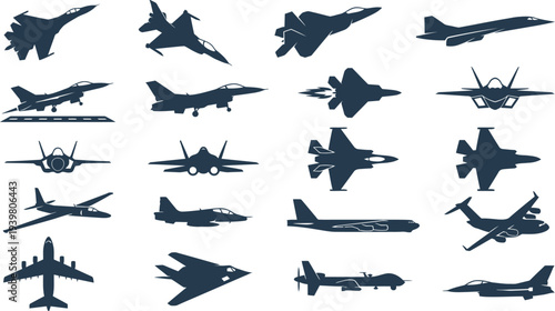 A comprehensive vector collection of modern fighter jet silhouettes and military aircraft designs.