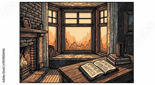 Reading desk by bay window and fireplace with city view illustration