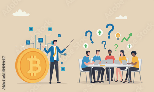 currency, businessma explain blockchain technology on golden Bitcoin coin